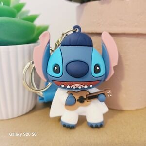 Disney Stitch Playing Guitar Keychain Kawaii Cartoon Character Bag Charm Blue
